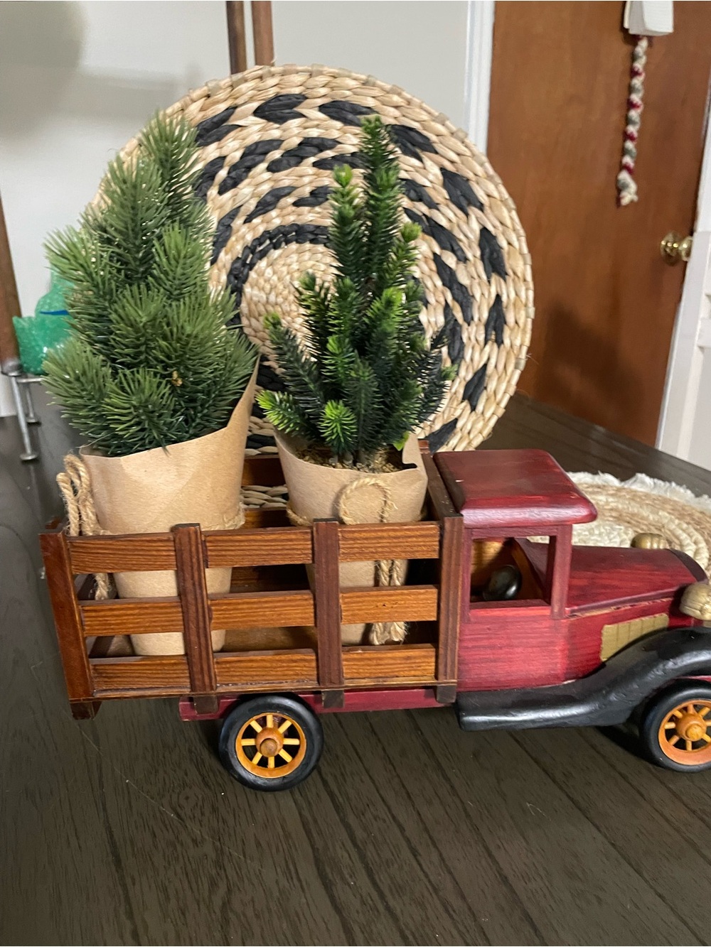 Hand Crafted Red and Brown Wooden Truck with Mini Pine Trees